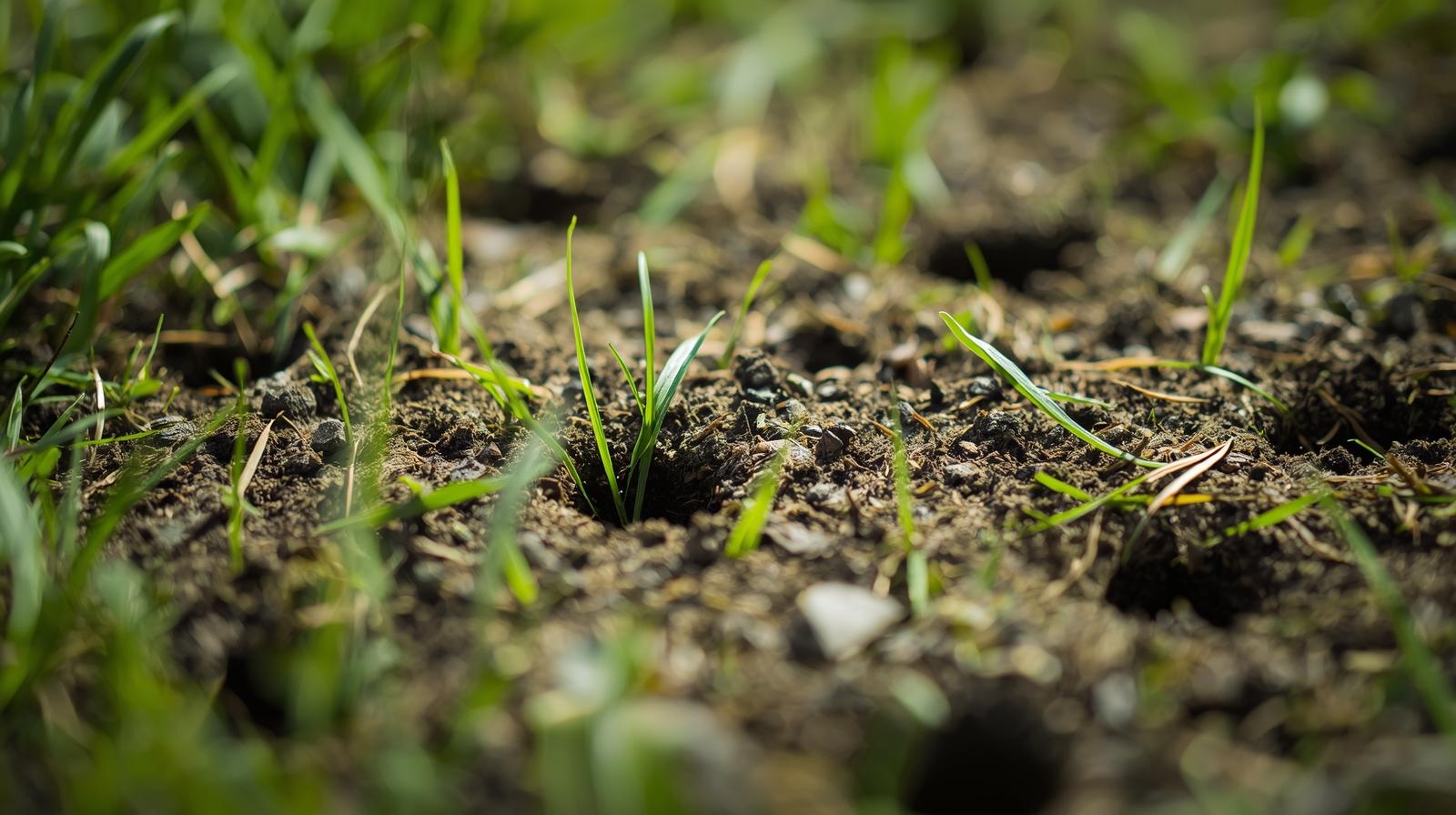 Close-up of aerated lawn showing core plugs